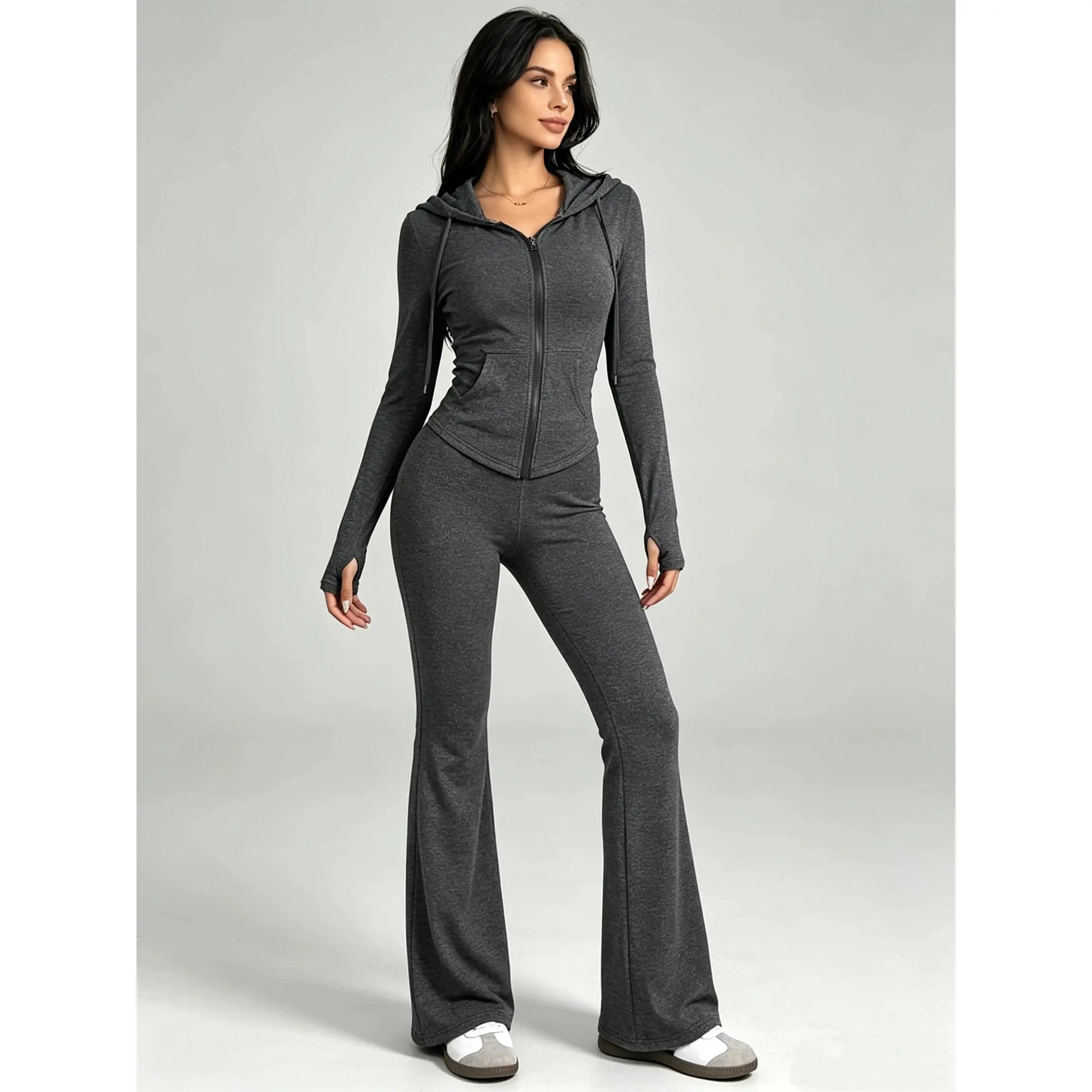 Women's 2-piece casual hooded tracksuit set, zip-up hooded jacket with pockets and high-waisted flare pants, slim long-sleeved athletic loungewear outfit for sports and daily streetwear.