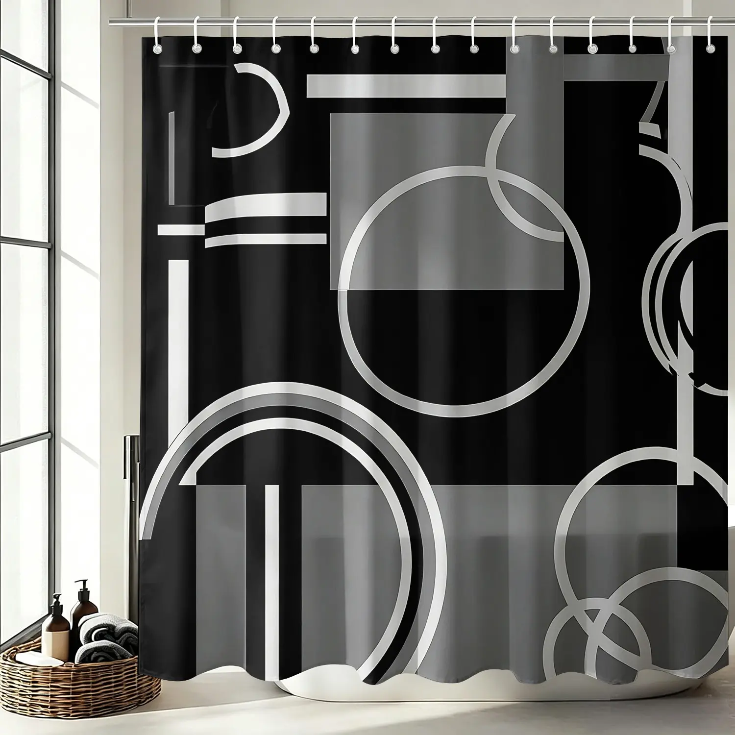 Modern Abstract Black Gray Geometric Shower Curtain Set, Waterproof Cloth Fabric Bathtub Curtain 72"x72" with 12 Hooks, Minimalist Neutral Line Circle Bathroom Decor Accessories