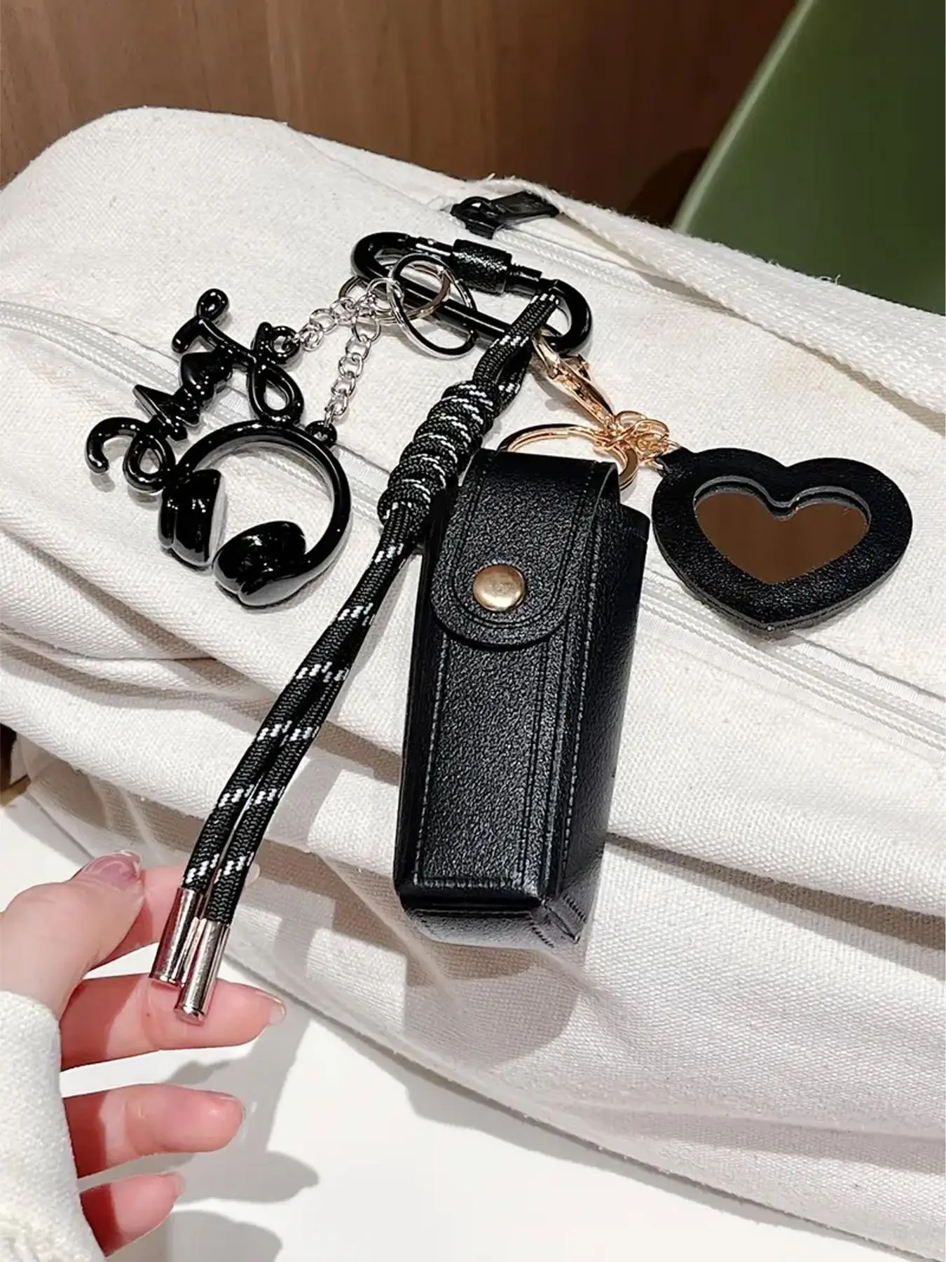 Y2K Preppy Love Letter Headphone Charm Keychain, Heart Mirror Lipstick Pouch Bag Pendant, Braided Rope Carabiner Backpack Accessory Gift For Teen Girls Women