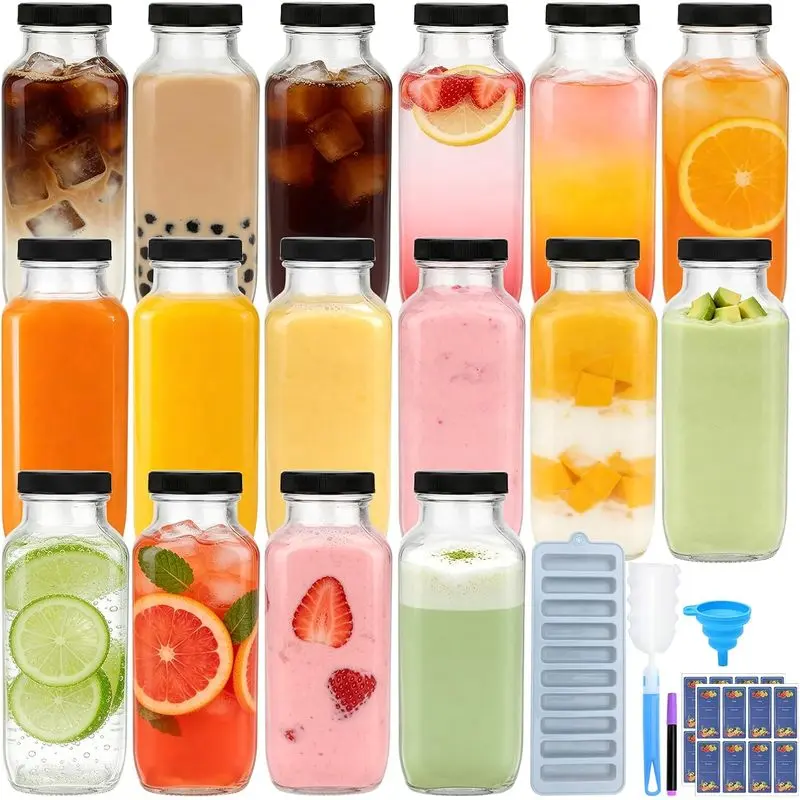 16 Pack 16oz Square Reusable Glass Juice Bottles with Cleaning Brush, Clear Glass Storage Jars for Juicing, Smoothies, Milk, Kombucha & Homemade Cold Beverages