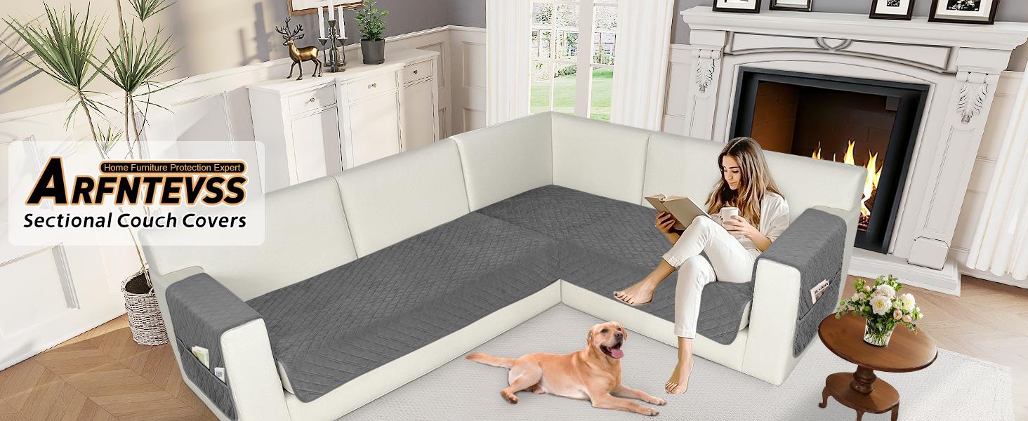 Waterproof Corner Sectional Couch Covers for Dogs Pet L Shape Sofa Cover Washable Velvet Large Couch Cushion Protector for Sectional Sofa Non Slip U Slipcovers (Dark Grey, X-Large)
