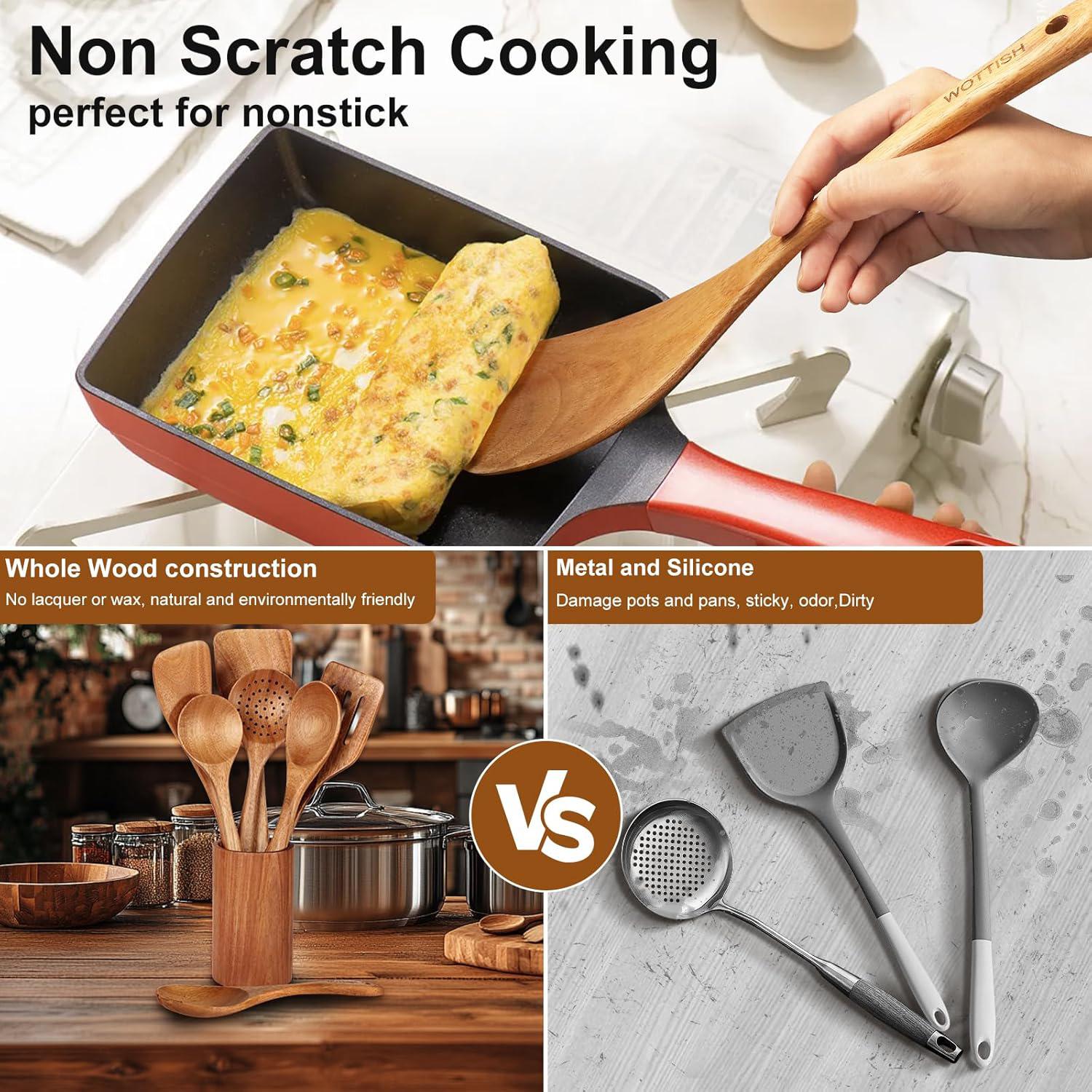 9PCS Natural Teakwood Kitchen Utensil Set With Spoon Rest, Soft-Grip Wooden Cooking Spoons & Tools, Non-Scratch Utensils For Non-Stick Cookware, Kitchen Cooking Accessories