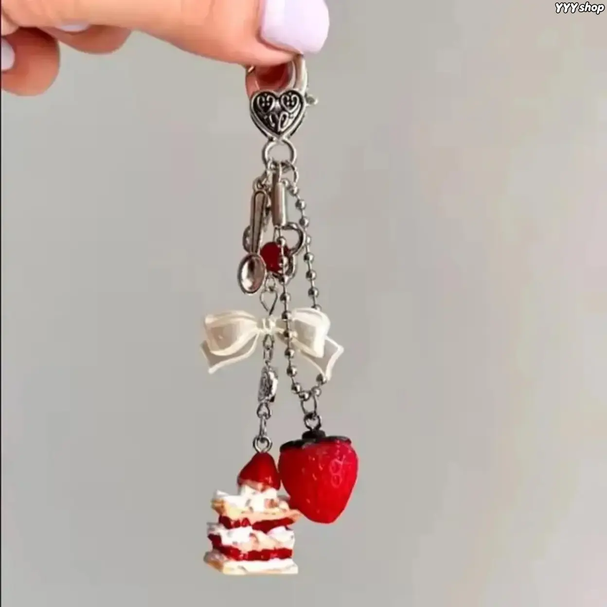 Women’s Kawaii Strawberry Cake Keychain, Cute Daily Accessory Decorated With Bow & Heart Charms, Stylish Portable Keyring, Versatile Pendant For Handbags And Phone Lanyard Attachment For Ladies