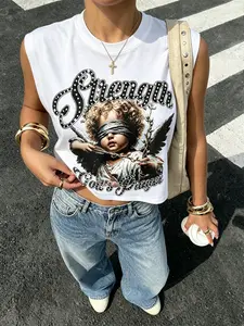 2026 Viral TikTok Women Y2K Vintage Cropped Sleeveless Tank Top, Optional Multi Color Angel God’s Prayer Strength Rhinestone Graphic Cutoff Vest, Coquette Grunge Streetwear Casual Daily Club Festival Outfit, Trendy American Retro Cropped Camisole