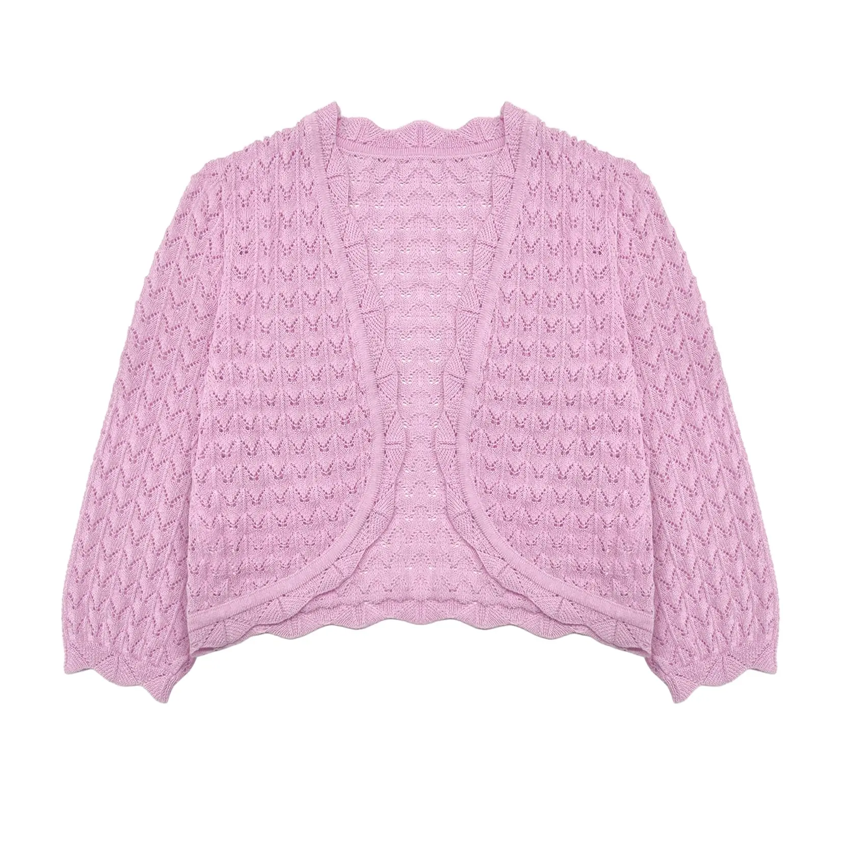 Girls' Crochet Knit Cardigan Shrug - 3/4 Sleeve Open Front Pointelle Bolero Jacket, Soft Viscose Blend Scalloped Edge Dress Cover Up for Kids GSB