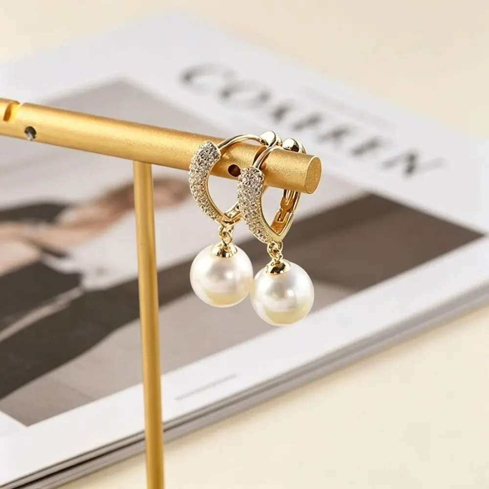 2PCS Women's Pearl Drop Dangle Earrings, Copper Cubic Zirconia Huggie Hoop Earrings, Minimalist Elegant High End Luxury Party Statement Earrings