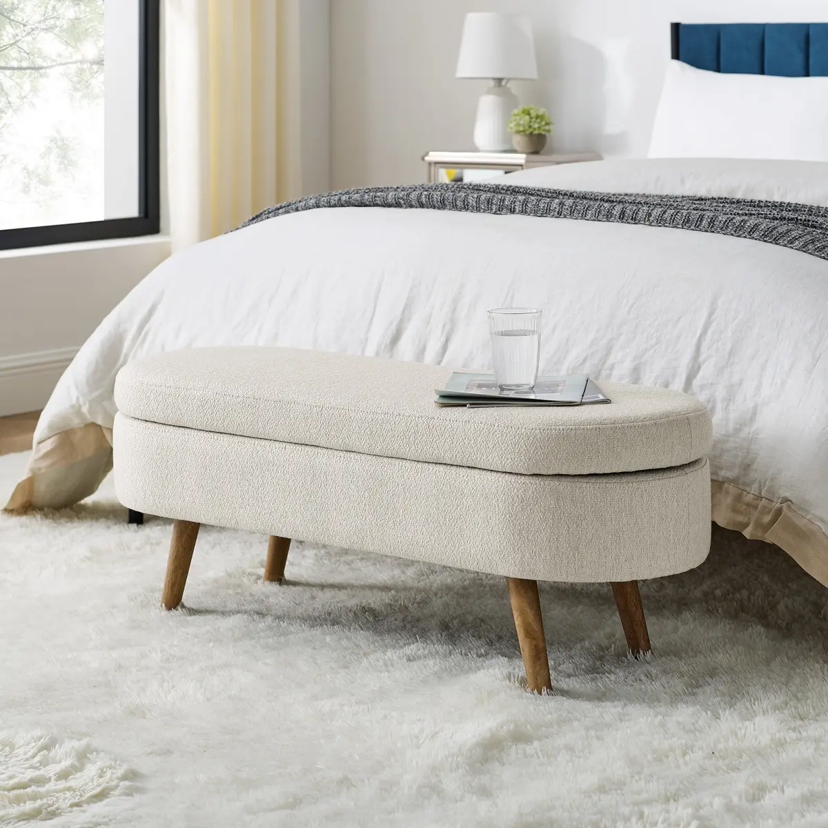 Fabric Storage Ottoman with Rubber Wood Legs, Pleated Upholstered Footrest, Multifunctional Seat for Home Decor