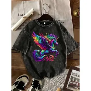 Men's Washed Psychedelic Unicorn Pegasus Graphic Tee - Vintage Fantasy Art Crewneck Short Sleeve, Soft Cotton Blend Casual Summer Top for Daily Outfits