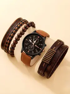 Men's Business Round Dial Analog Quartz Watch & Bracelet Set, Vintage Watch Set for Party, Daily Clothing Decor, Trendy All-match & Exquisite Watch Set for Birthday Gift, Business Fashion Watches