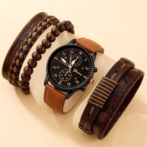 Men's Business Round Dial Analog Quartz Watch & Bracelet Set, Vintage Watch Set for Party, Daily Clothing Decor, Trendy All-match & Exquisite Watch Set for Birthday Gift, Business Fashion Watches