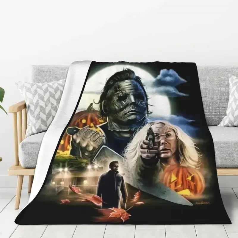 Halloween Michael Myers Laurie Strode Full Moon Pumpkin Flannel Throw Blanket Horror Movie Collage Art Warm Blanket Gift Slasher Horror Fans All Ages
