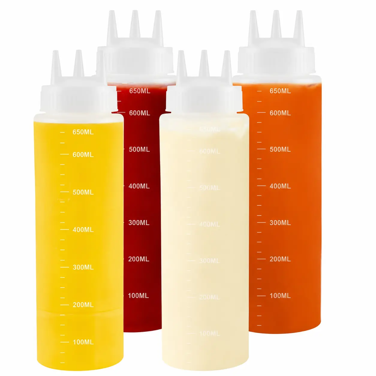 4-Pack 22-Ounce Premium Food-Grade Condiment Squeeze Bottles with Triple-Opening No-Drip Tip, BPA-Free for Sauces, Dressings, Olive Oil, Syrups, and Pancake Toppings—Perfect for Home Kitchens, Cafés, and Meal Prep