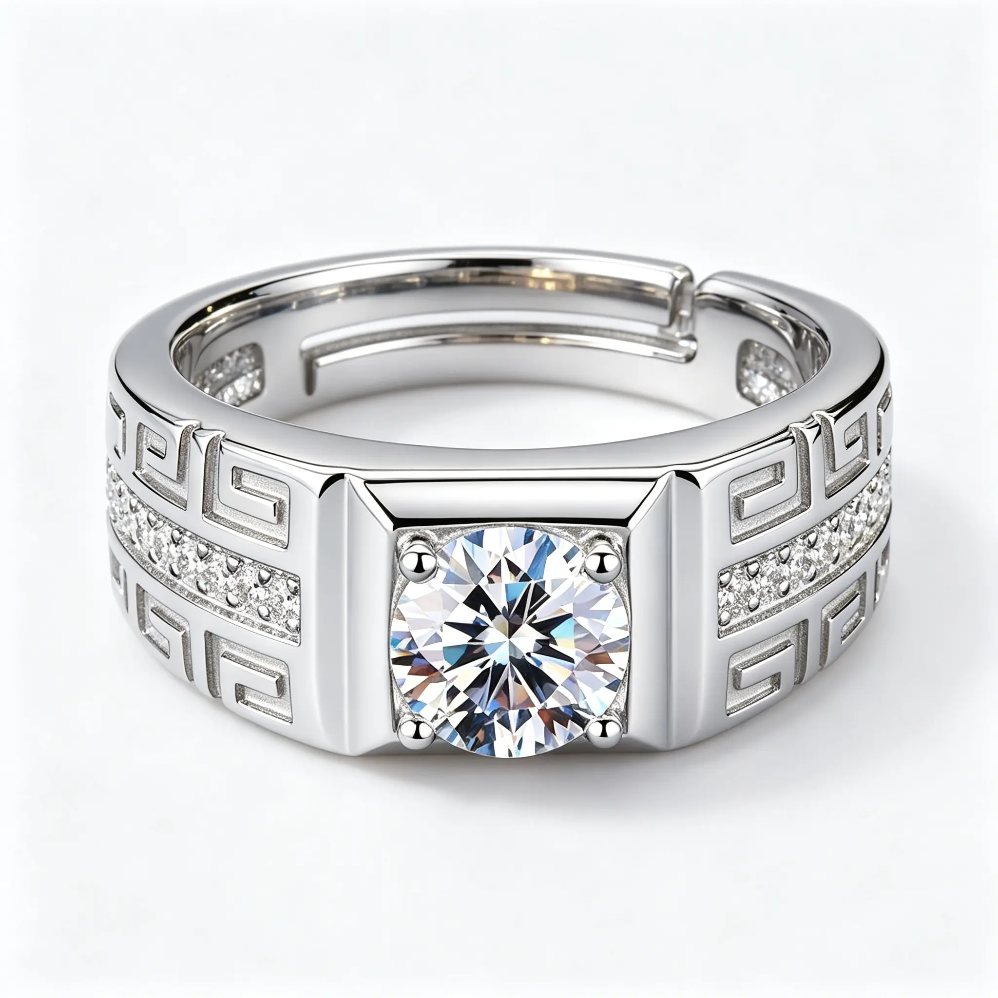 Men’s Silver-Plated Adjustable Moissanite Ring - Open Band with Greek Key Engraving, Retro Look, Moissanite Stone, Daily Wear Jewelry for Wedding Promise, Anniversary Gift