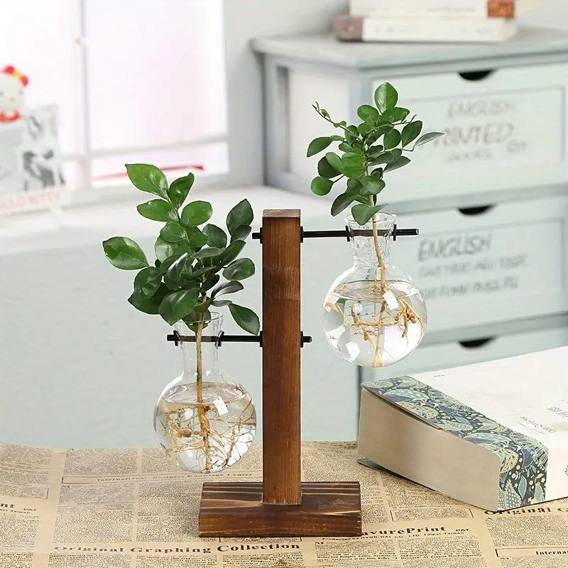 Terrarium Hydroponic Plant Vases Vintage Flower Pot Transparent Vase Decorative Vase Wooden Frame Glass Tabletop Plants Home Bonsai Decor