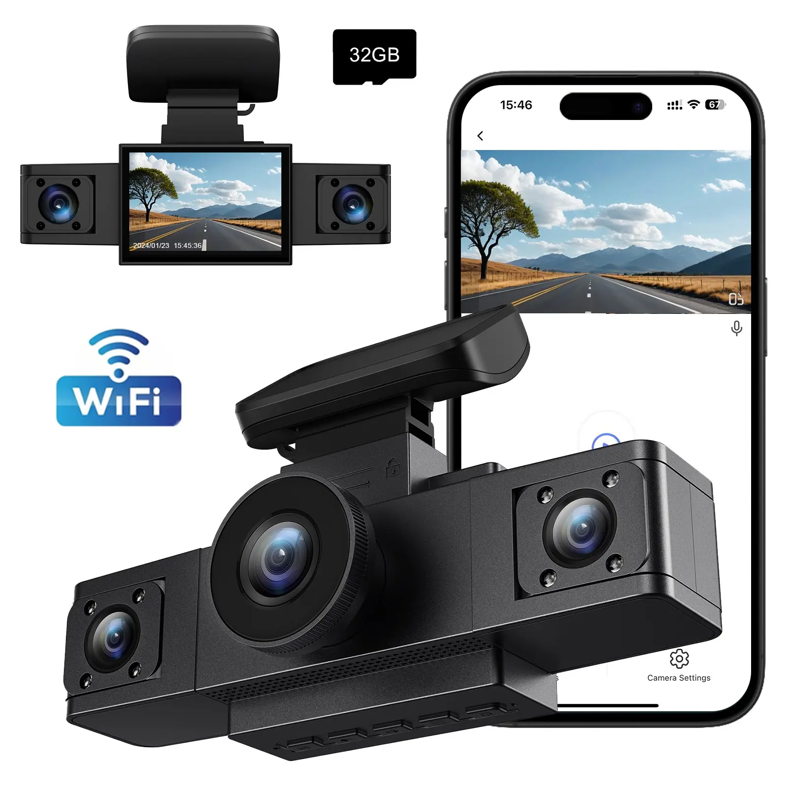 1080P Front + 720P Interior Triple Dash Cam, Automotive Dashcam, 2-Inch IPS Screen, Compact Design, Night Vision, Loop Recording, Parking Guard (Requires Hardwire Cable), 32GB Memory Card, Wired Power Supply, WiFi Dash Camera
