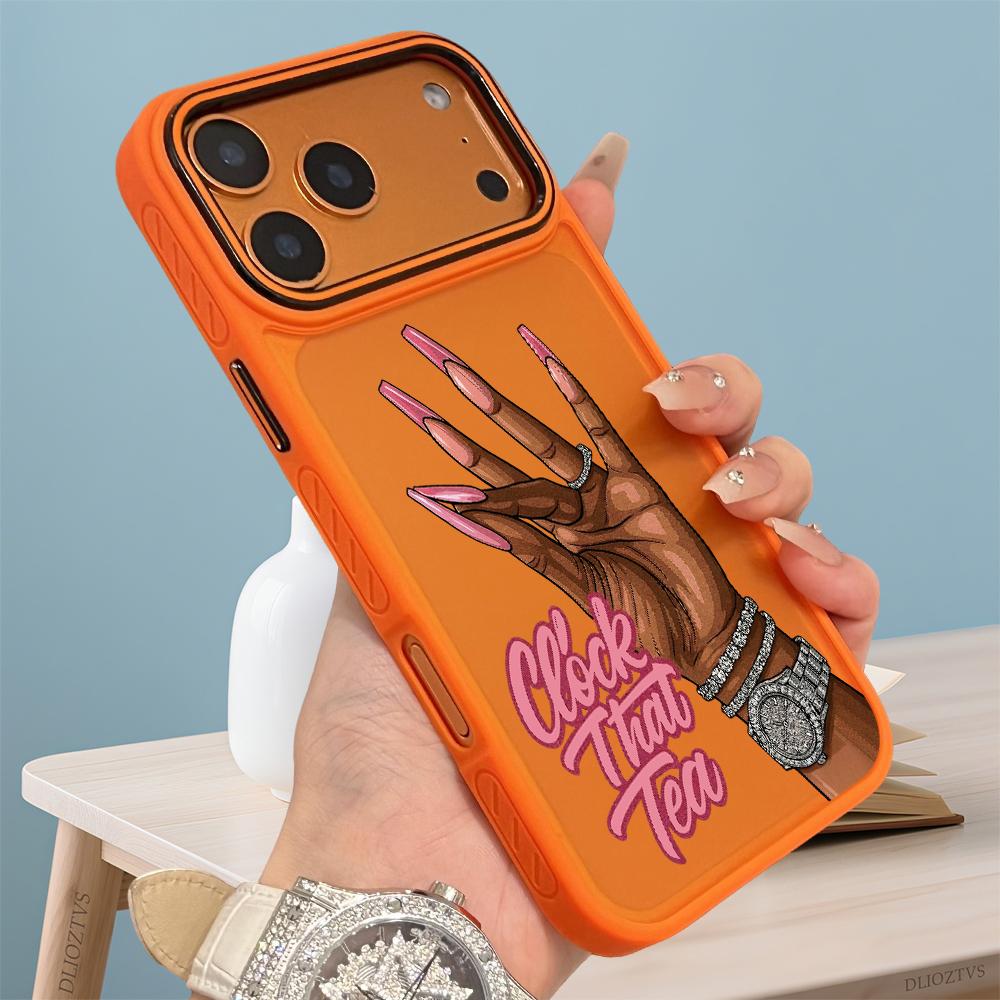 Fashion Hand and Clock That Tea Text Pattern Phone Case for iPhone 17 Pro Max 17Air 16 Plus 16e 15 14 13 12 11 Color Blocking Button and Camera Frame Design Shockproof Skin Feel Shell