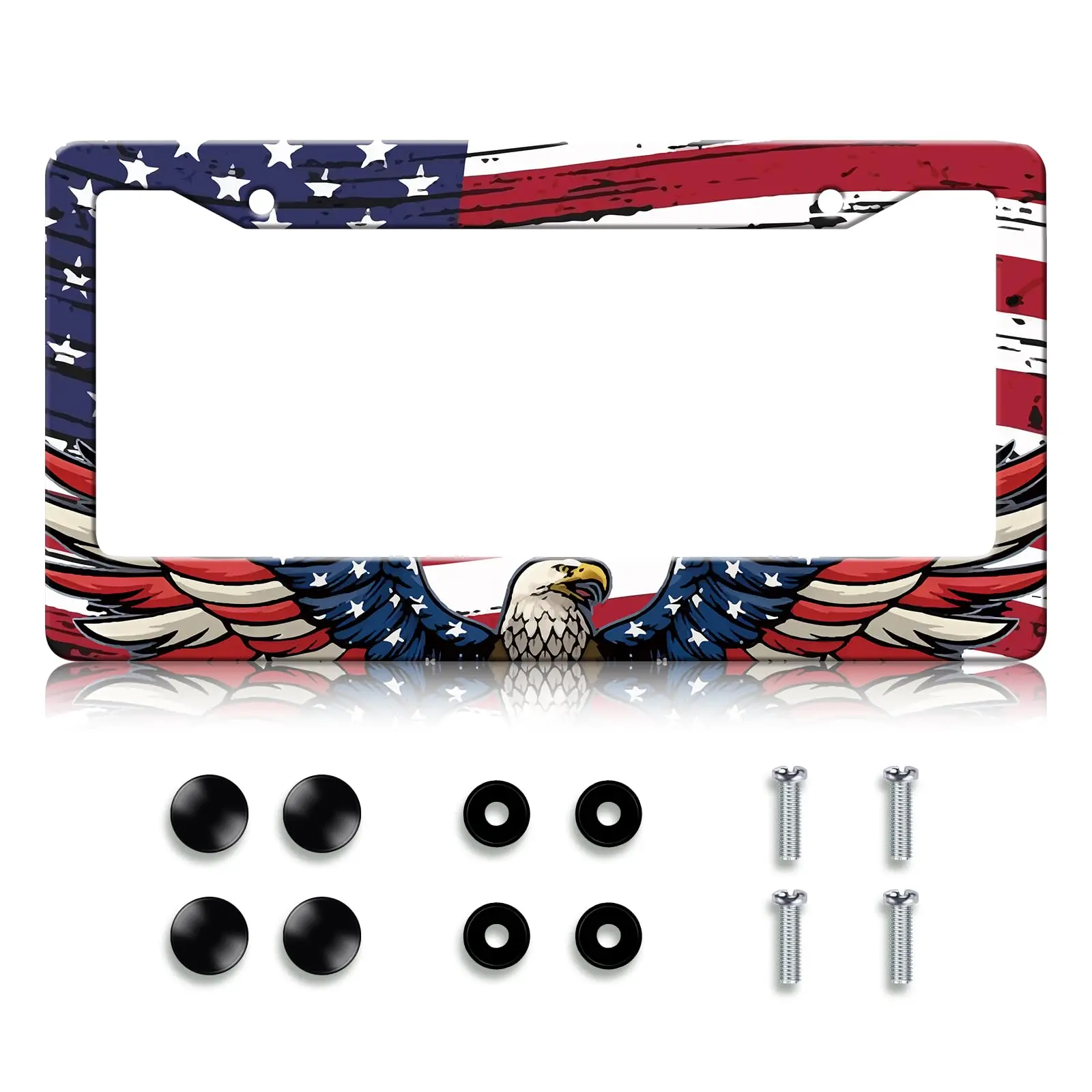 Patriotic American Flag Eagle License Plate Frame, Distressed Vintage USA Stars and Stripes Car Tag Holder, Aluminum Novelty Eagle Wings Auto Plate Covers for Front Rear Plates with Screws Caps
