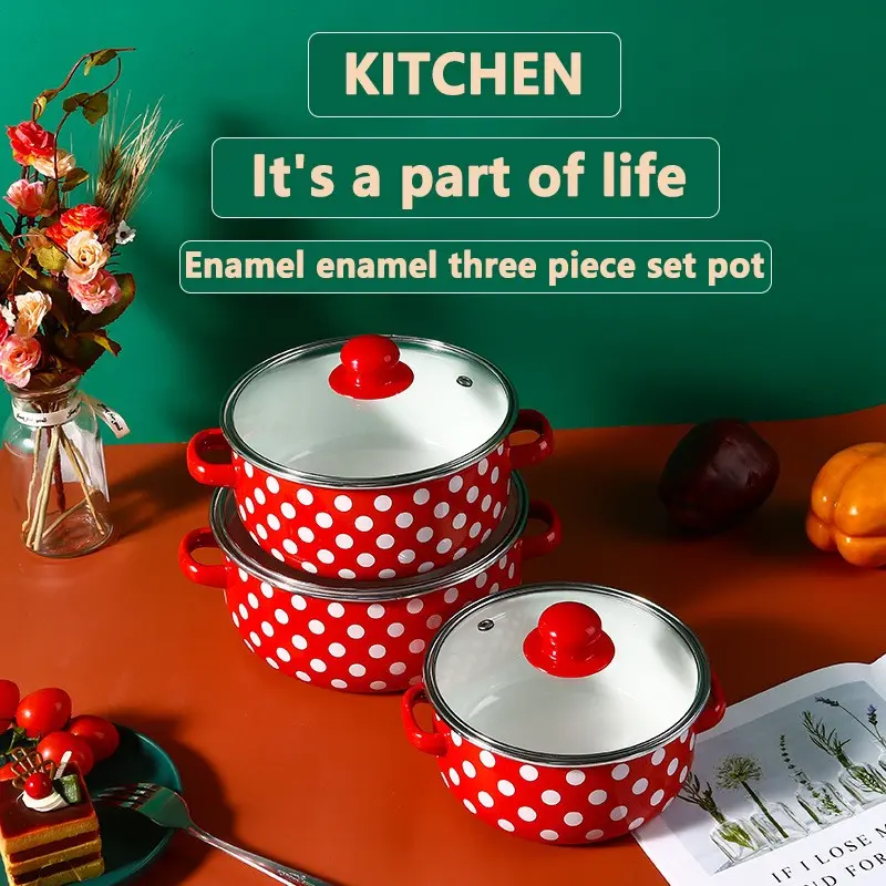 3pc Enamel Cast Iron Soup Pots, Heat-Resistant Cooking Pans, Kitchenware Set, Electric Stove Gas Compatible, Microwave Not Recommended