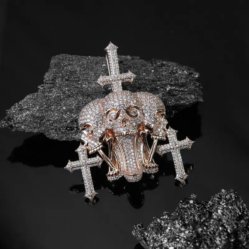 18K Gold Plated Skull Crucifix Pendant Necklace, 5A CZ Iced Out Hip Hop Chain for Men, Luxury Bling Skeleton Cross Jewelry,Street Fashion Statement Piece,Rapper Rock Biker Jewelry,Cool Gothic Punk Necklace,Birthday Gift for Boyfriend,Trending Y2K Urban