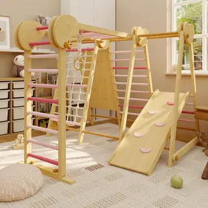 7-in-1 Wooden Indoor Jungle Gym, Toddler Playground with Slide Climbing Wall Monkey Bars, Climbing Playset for Kids 2-8 summerwins