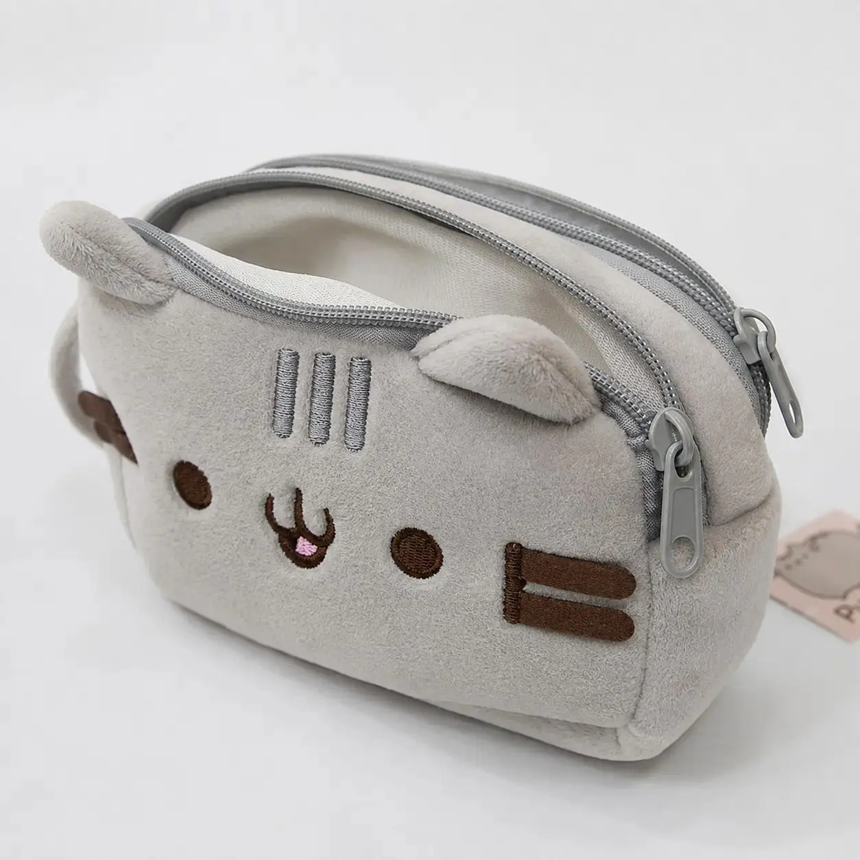 2pc Adorable Gray Cat Plush Organizer Bag, Multi-Functional Pen Case & Makeup Bag, Outdoor Sports Clutch, Home Storage Solution