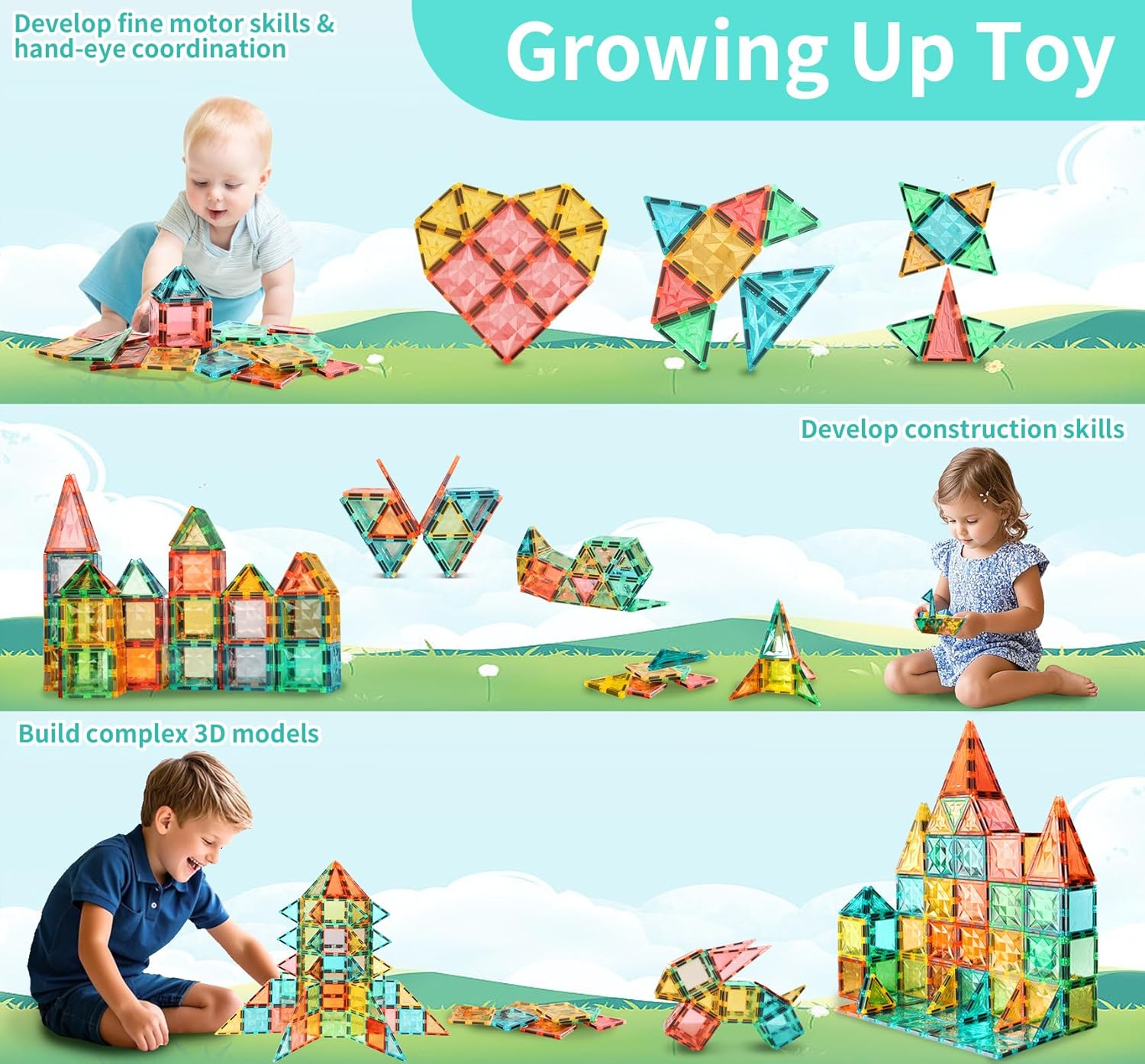 YRZtiles 100 Pcs Magnetic Tiles,Magnet Building Blocks Construction Stacking Educational Preschool STEM Toy Creative Playboard for Kids Baby Child Ages 3+