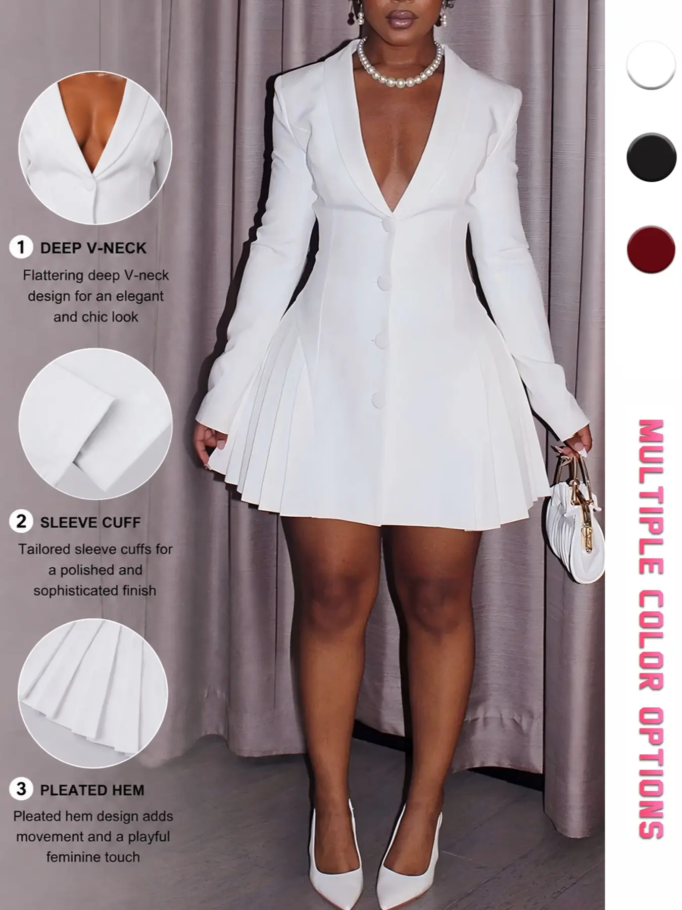 Elegant V-Neck Long Sleeve Short Dress, Waist Cinching Design, Pleated Skirt Hem, Sophisticated Style, Formal Wear, Perfect for Various Occasions