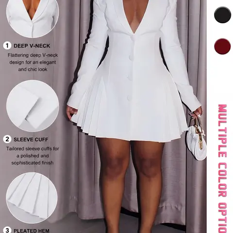 Elegant V-Neck Long Sleeve Short Dress, Waist Cinching Design, Pleated Skirt Hem, Sophisticated Style, Formal Wear, Perfect for Various Occasions, Formal Dresses Clothes