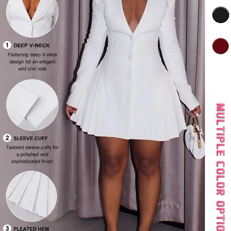 Elegant V-Neck Long Sleeve Short Dress, Waist Cinching Design, Pleated Skirt Hem, Sophisticated Style, Formal Wear, Perfect for Various Occasions, Formal Dresses Clothes