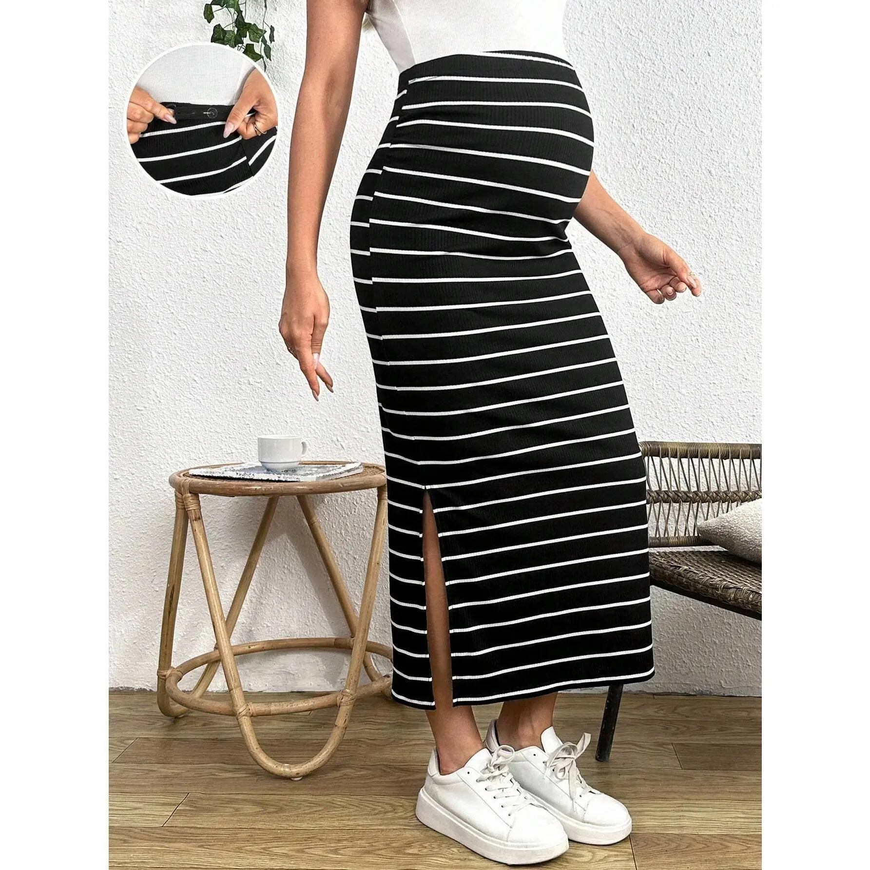 Women's Striped Sleeveless Bodycon Maternity Dress - Stretch Breathable Modest Party Apparel, Below Ankle Hip-Hugging Casual Summer Pregnancy Wear, Prop 65 Safe
