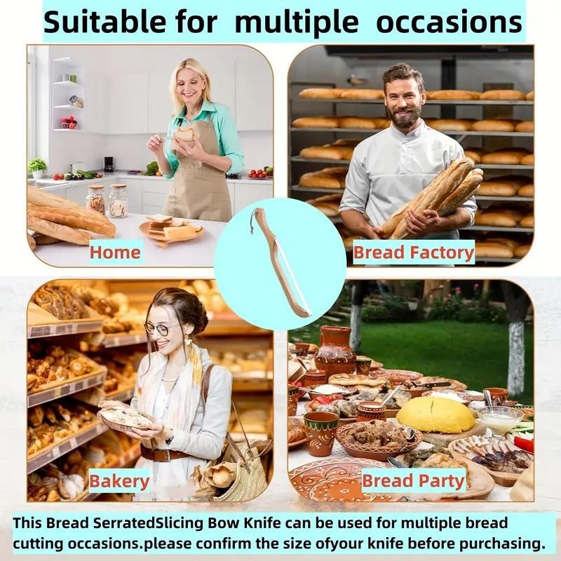 Wooden Handle Bread Bow Knife, Stainless Steel Serrated Bread Knife, Bread Slicing Knife for Home Kitchen Baking House, Utensils, Cutting Kitchenware