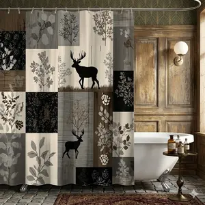 1pcs Rustic Wood Patchwork Deer Silhouette Shower Curtain, Neutral Grey Brown Leaf Branch Grid Splicing Print Bathroom Curtain, Cabin Wildlife Bath Divider for Thanksgiving Vintage Lodge Home Washroom Decor