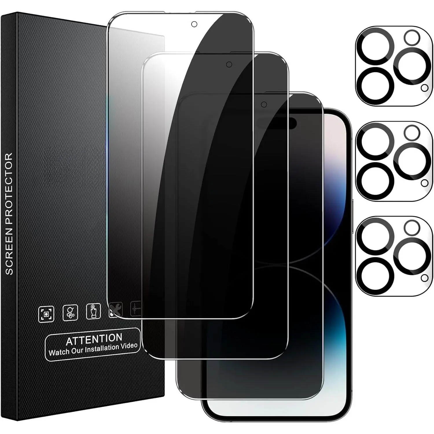 3 Pack  Screen Protector for  14 Pro 6.1-Inch with 3 Pack Camera Lens Protector, Anti Spy Tempered Glass Film 9H Hardness Bubble Free Case Friendly