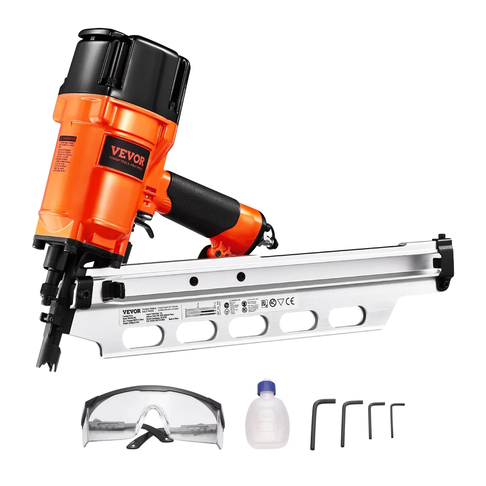 VEVOR Pneumatic Framing Nailer, 2"-3-1/2" 21-Degree Full Round Head, Dual Triggers Modes, Tool-Less Depth Adjustment, 80-120PSI Pro Air Nail Gun for Framing, Decking