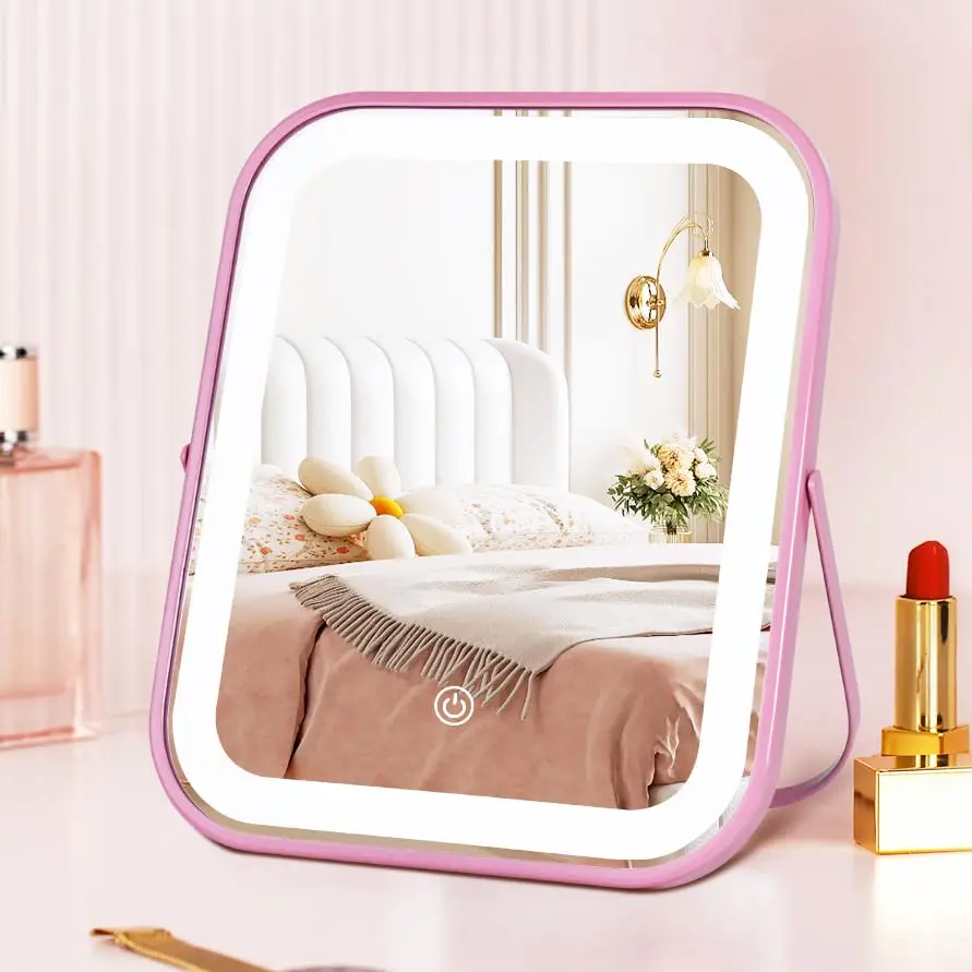 Pink Rechargeable LED Vanity Mirror, 10"×8" Tabletop Mirror with Smart Touch Control, 3 Dimmable Light Modes for Makeup Desk, Bedroom