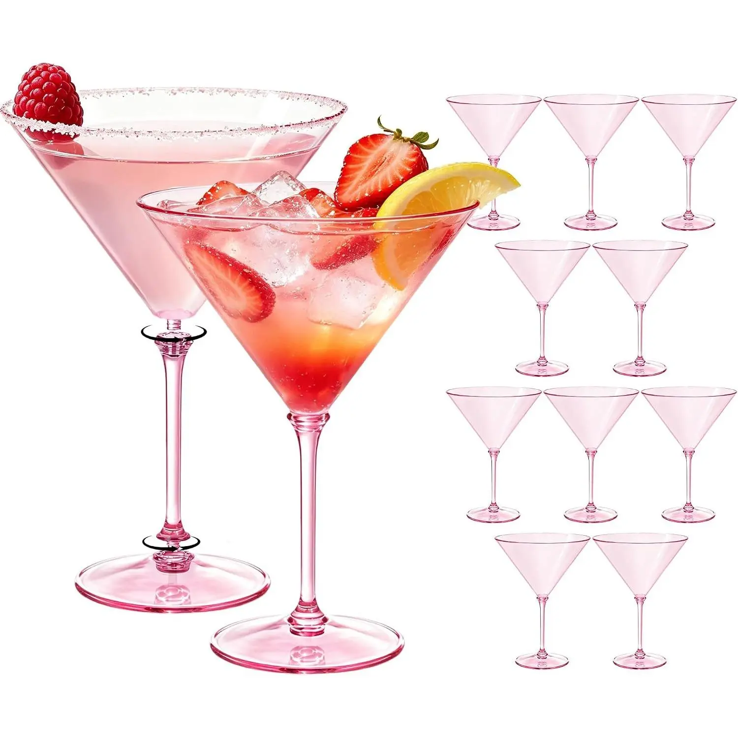 Plastic Martini Glasses Set of 12, 9 oz Pink Cocktail Cups Unbreakable, Shatterproof, Reusable, BPA Free, Heavy Duty, Removable Stem, Margarita, Whiskey, Gin, Tequila, Wedding, Party