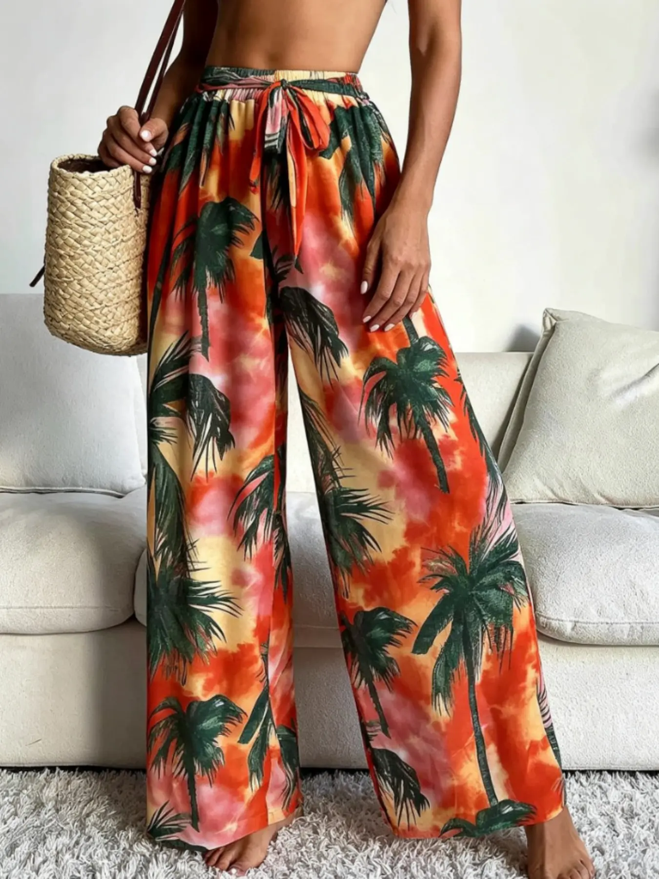 Women's Sunset Palm Print Wide Leg Pants, Elastic, Island Vacation Beach Casual Long Pants, Tropical Style, Breathable Lightweight Fabric, Versatile and Durable