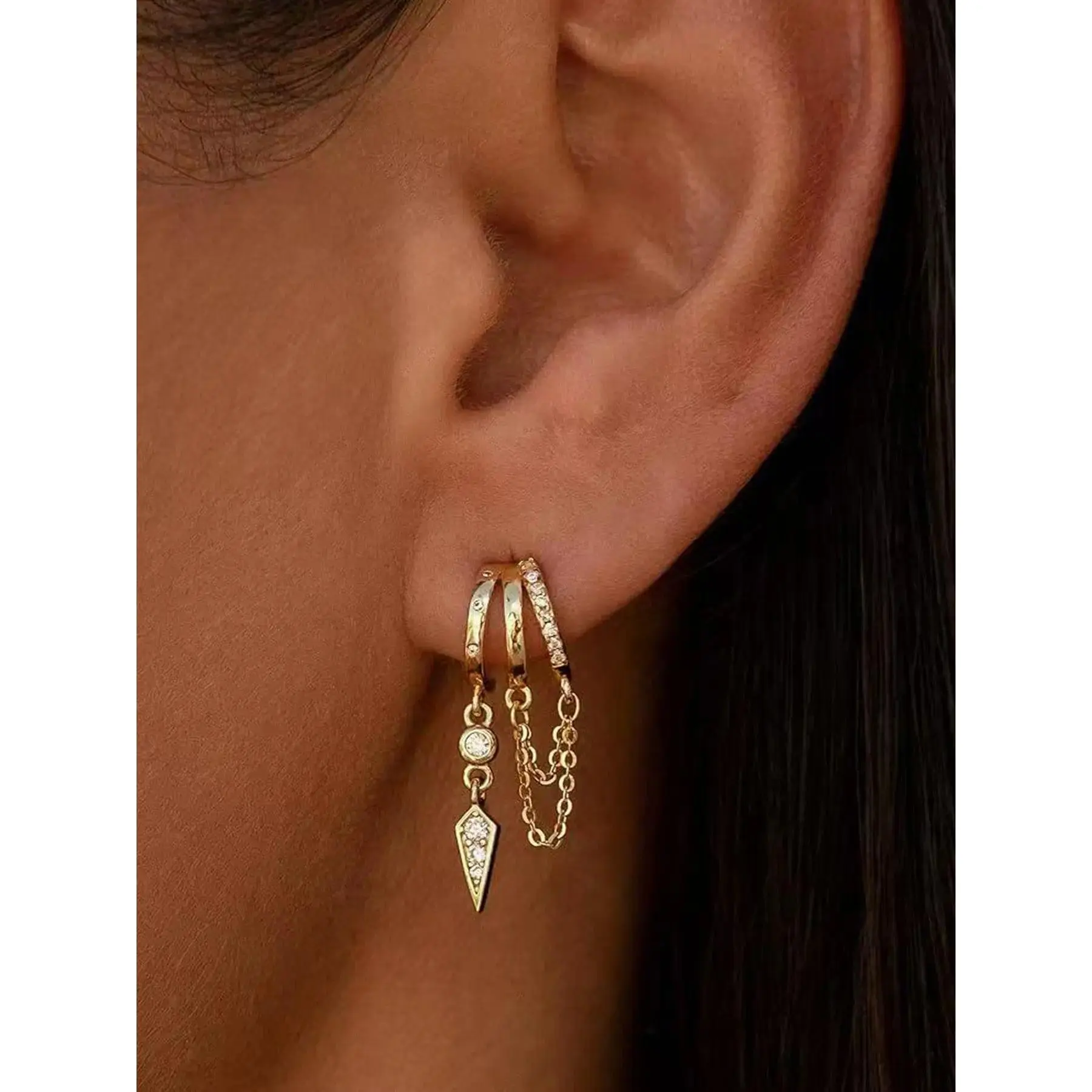 Dangle Earrings for Women,Gold Plated Triple Huggie Stud Earrings Cute Statement Chain Earring Dainty Drop Earrings for Women Trendy Gold Jewelry, All Seasons Use Hoop Earrings Versatile Earrings
