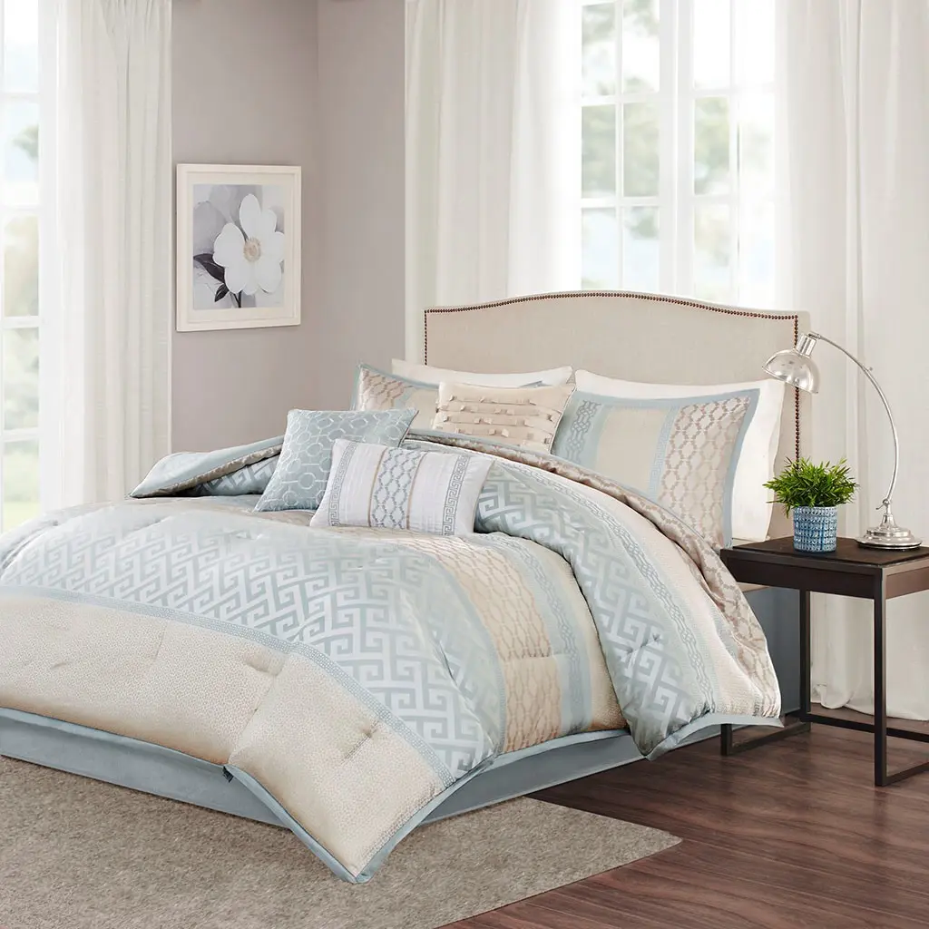 Nokaa 7 Piece Comforter Set King Size Bedding Ensemble – Aqua Jacquard Bed in a Bag with Comforter, Shams, Decorative Pillows & Bed Skirt, Soft Polyester, Machine Washable