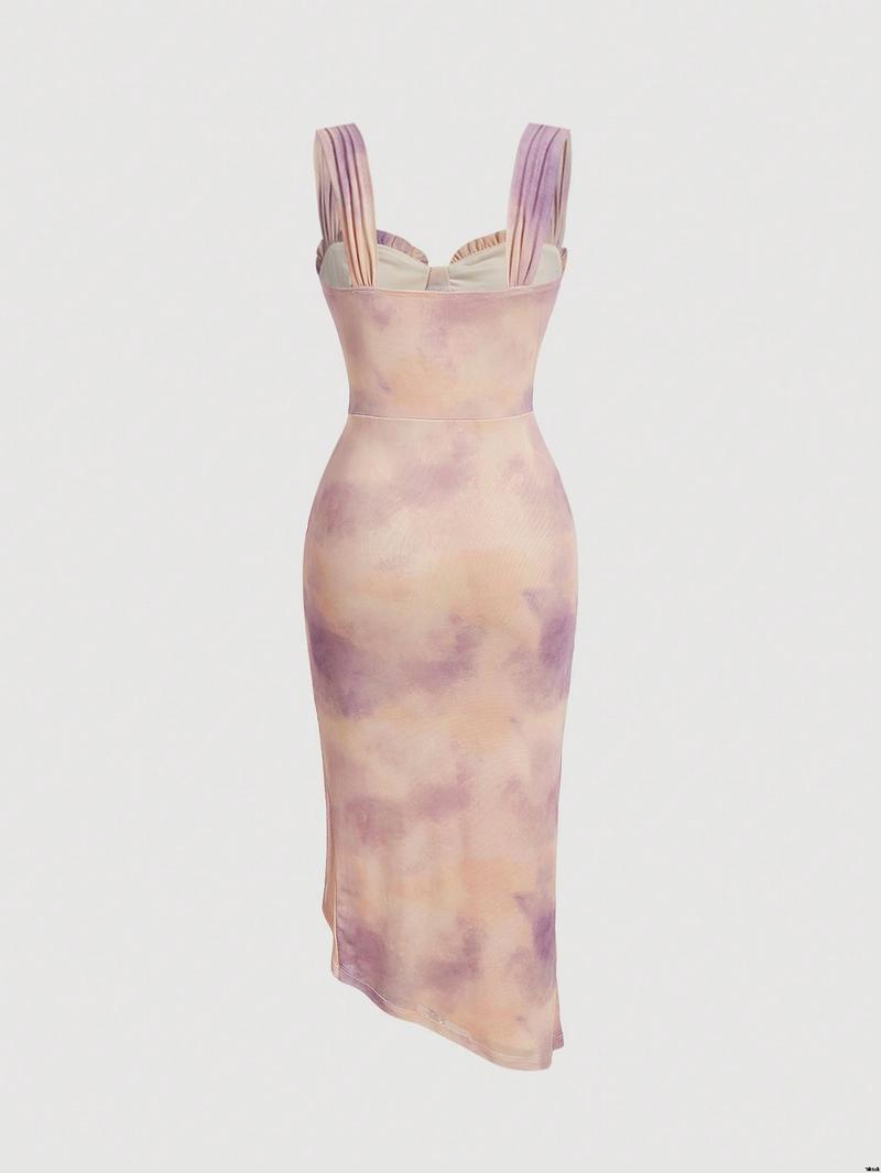 Dress extra long printed abstract edge lace premium SHEIN