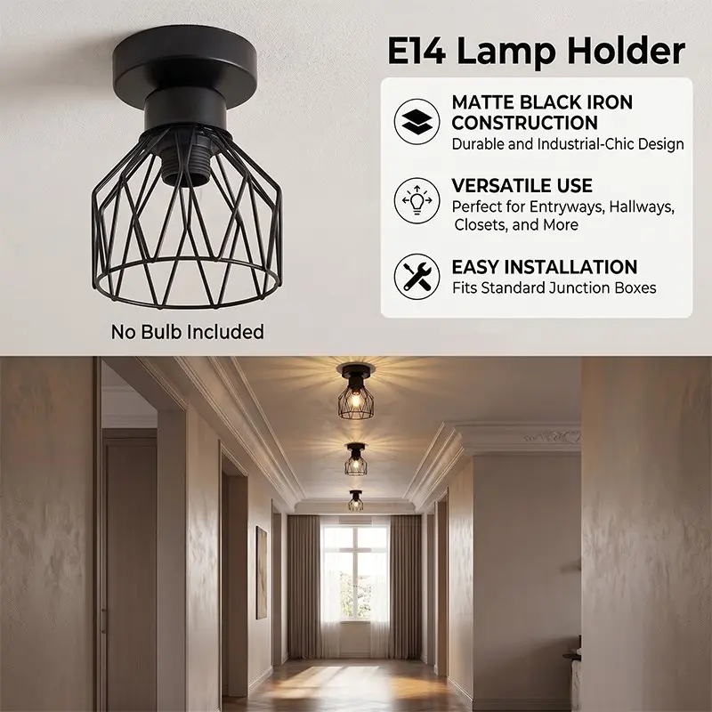 Industrial Style Small Iron Ceiling Light, Rhombus Cage Design, E14 Socket, Versatile Decorative Pendant Lamp for Small Spaces