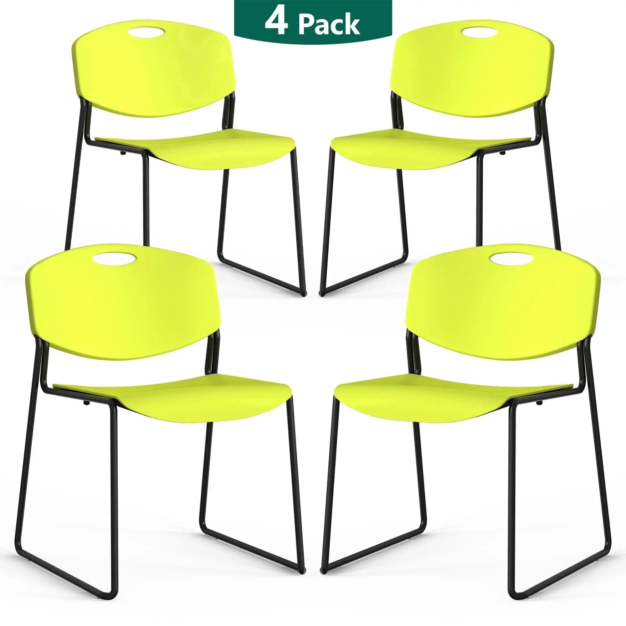 FurnIEdge 4-Pack Green Sled Base Stack Chair, Metal Frame Commercial Office Furniture, 350lbs Max-Load, Stackable for Waiting Room, Conference Room, Max-Load 350Lbs