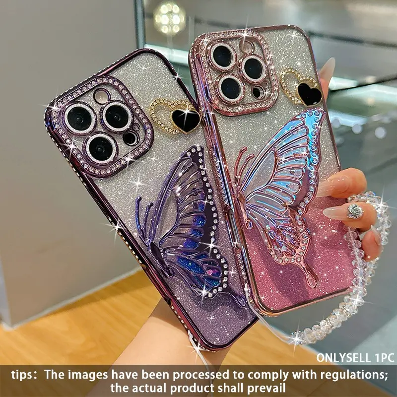 Glitter Butterfly Stand Phone Case Casing Accessories, Stylish Cellphone Accessory, Aesthetic Anti-Drop Protective Cover for iPhone 17 Pro Max, 16 Pro Max, 15, 14, 13, 12, 11