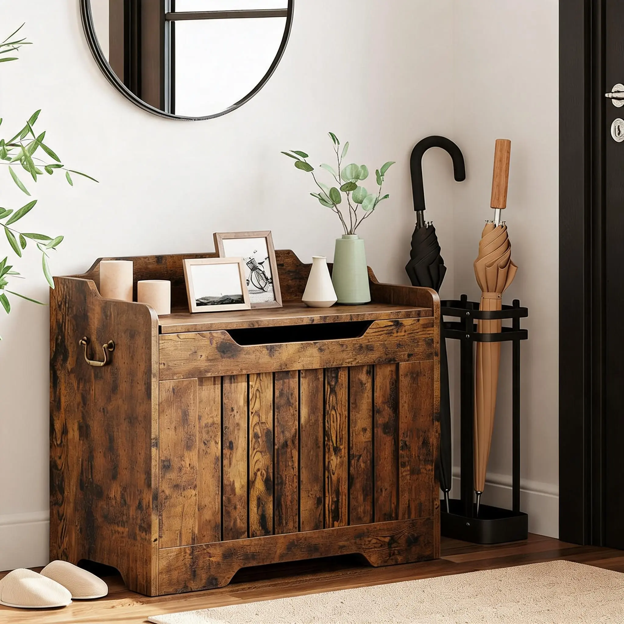 24.8" Storage Chest, Wooden Storage Bench with Safety Hinge, Retro Blanket Storage Trunk for Entryway, Living Room, Bedroom, Supports 350 lb, Rustic Brown/White/Wood