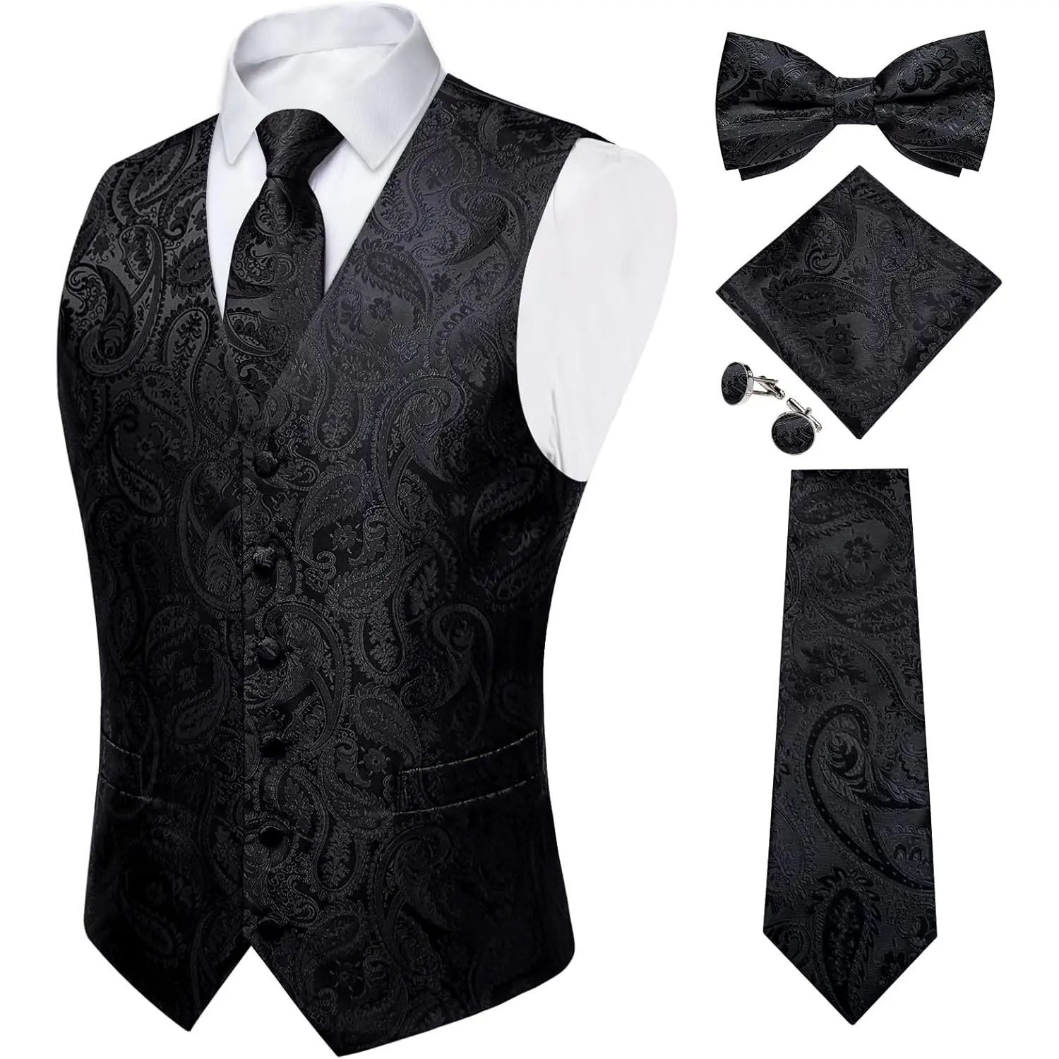Mens Formal Dress Vest Paisley Jacquard Silk Suit Waistcoat Necktie Bow Tie Set Wedding Party Tuxedo 5PCS