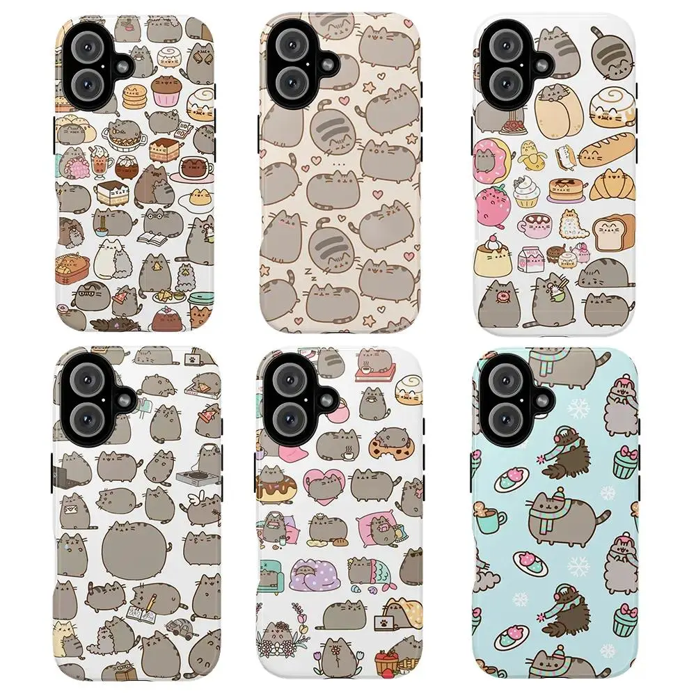 Pusheen Dessert Party Phone Case Shell - Cute Gray Cat Donut Cupcake Coffee Pastel Design, Durable Resistance Accessory, Baby Girl Aesthetic Gift, Compatible with iPhone 11-17 Pro Max/Plus, Samsung Galaxy S23-25