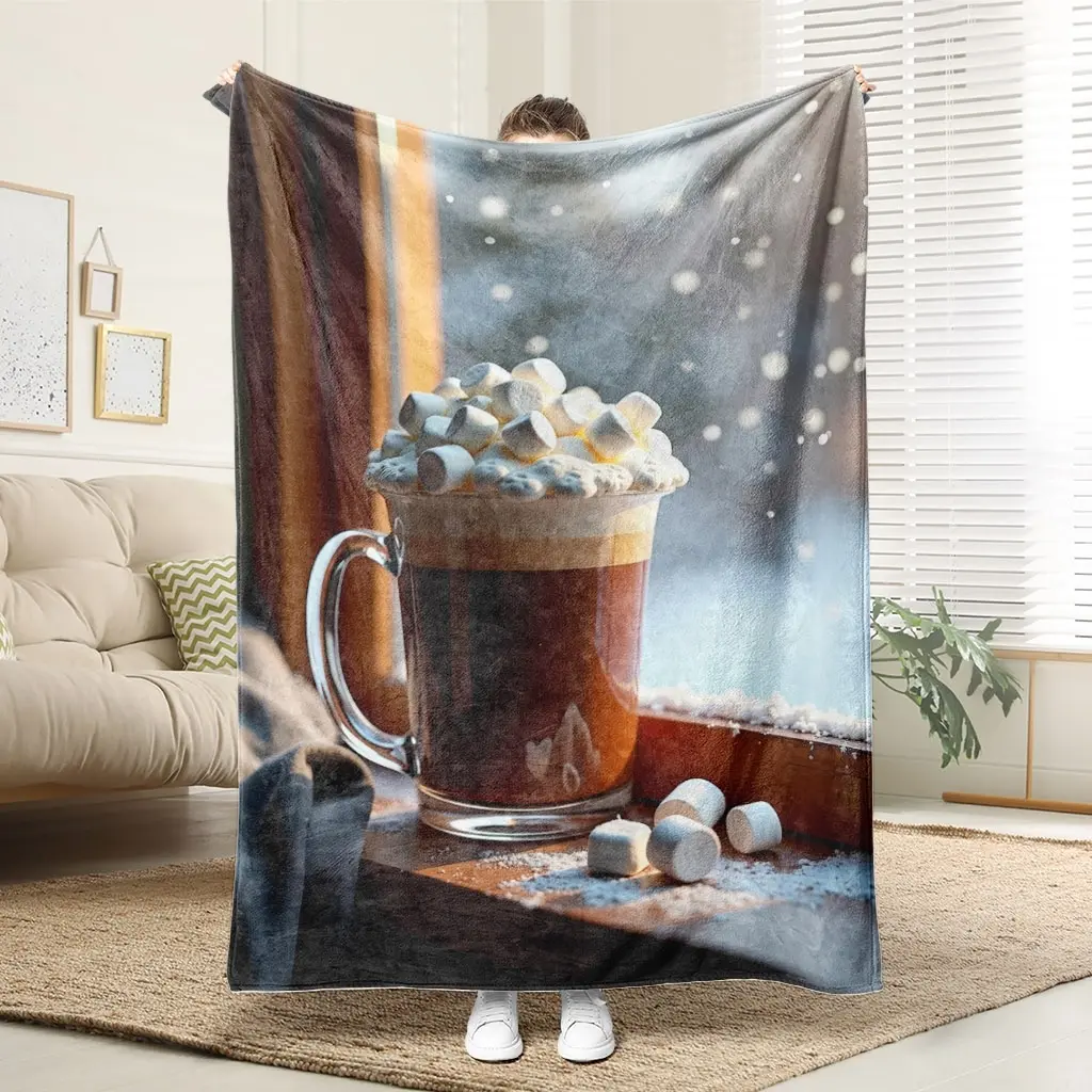 1 Comfortable Hot Chocolate Snowfall Window Flannel Blanket, Soft Printed Cooling Blanket, 100% Polyester Fiber, Perfect Gift For Family And Friends