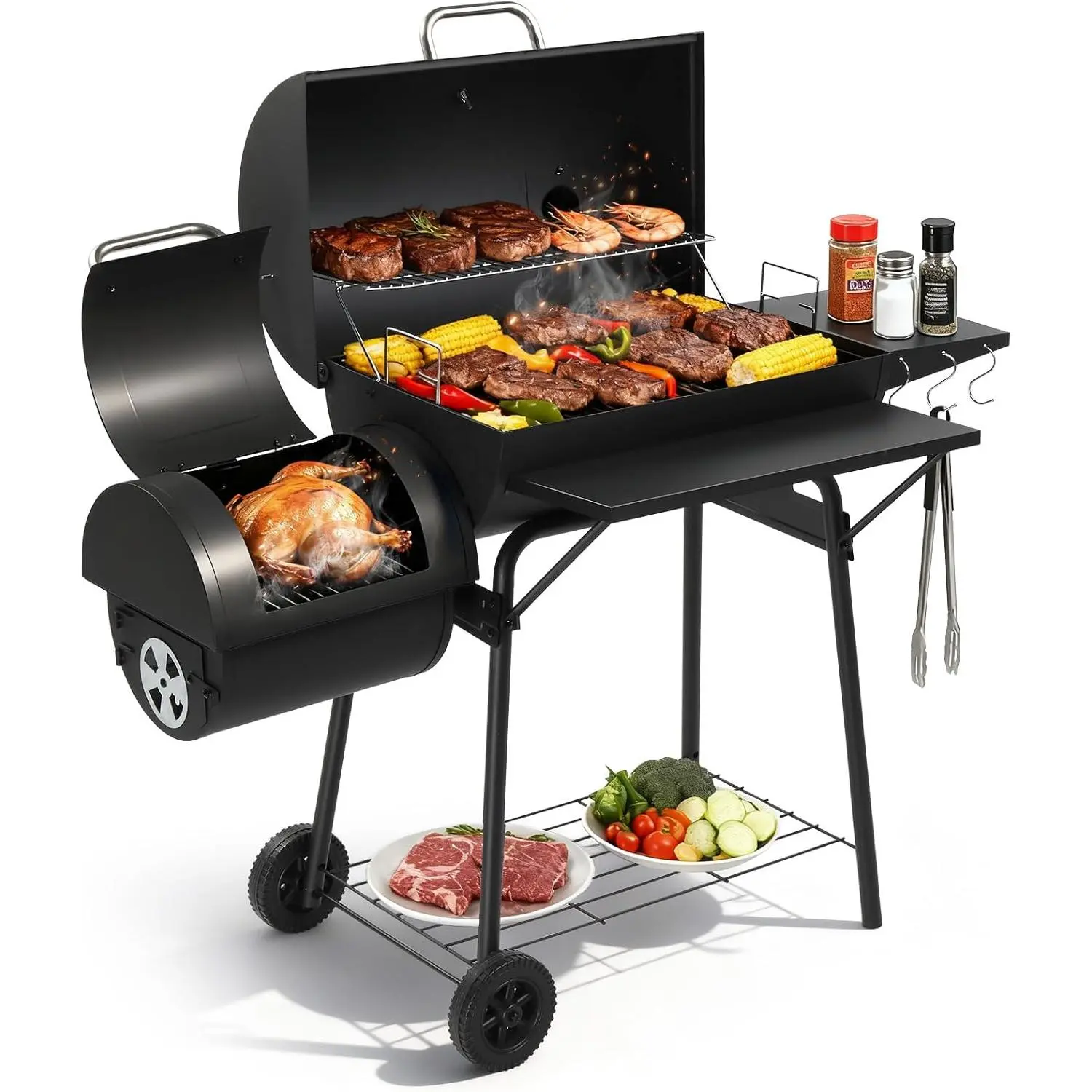 Barrel Charcoal Grill with Offset Smoker, Built-in Lifting Carbon Mesh, Large Charcoal Barbecue Smoker Grill Combo for Outdoor Backyard Patio Camping Parties 52 × 20 × 44 inch