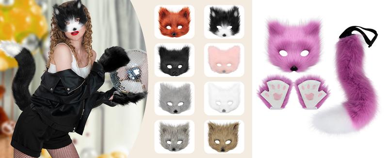 GJ-L-GCS067  Faux Fur Cat Fox Mask Tail and Paw Set, Wolf Furry Suit Plush Therian Accessories Kit
