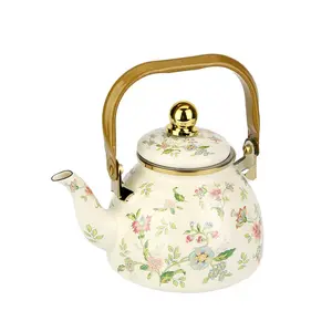 Vintage Floral Enamel Teapot, Flat Bottom with Stainless Steel Filter, Top Button, Iron Handle, Compatible with Induction and Gas Stoves